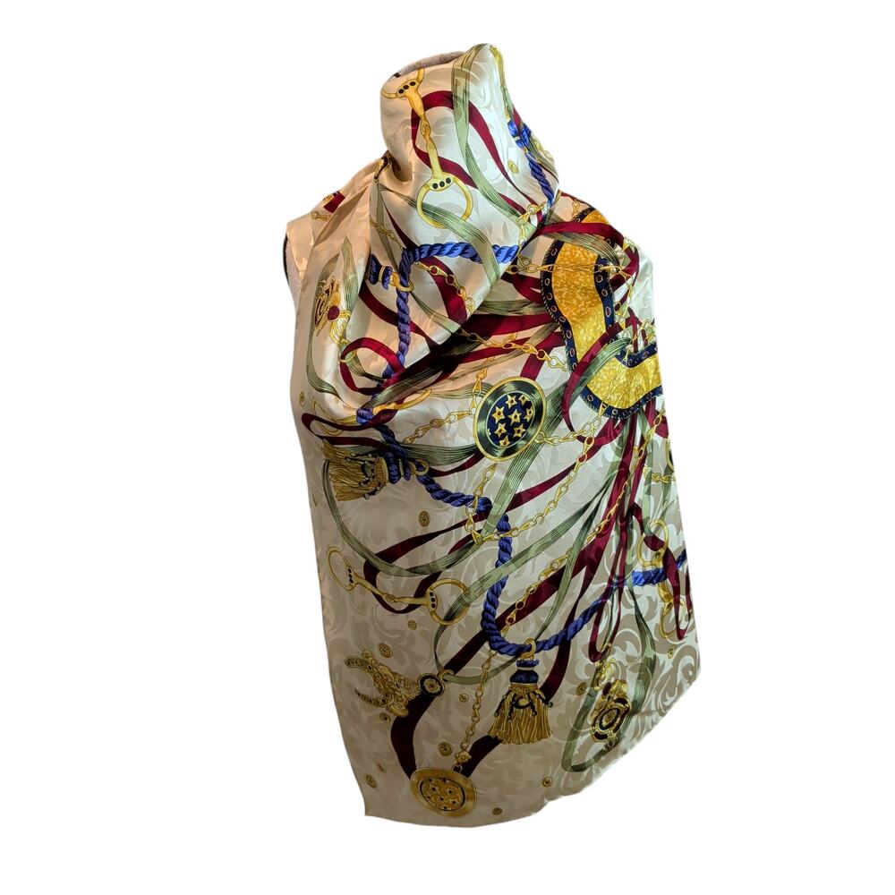 Vtg 100% Silk Baroque Scarf Yellow Elegant Classic Equestrian Mob Wife Italy - Picture 4 of 5